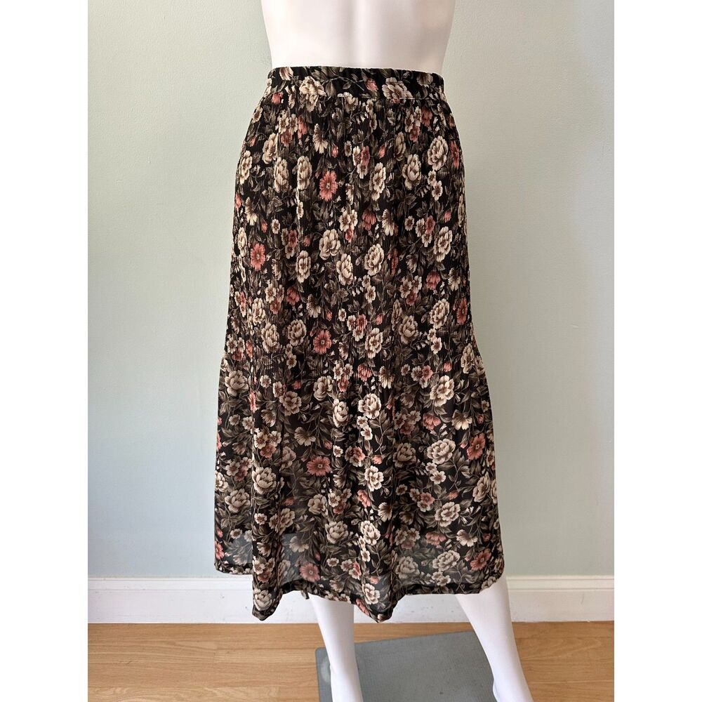 Vintage Dark Floral Midi Skirt Pleated Tiered Black Pink Sheer Plus Size 18/20